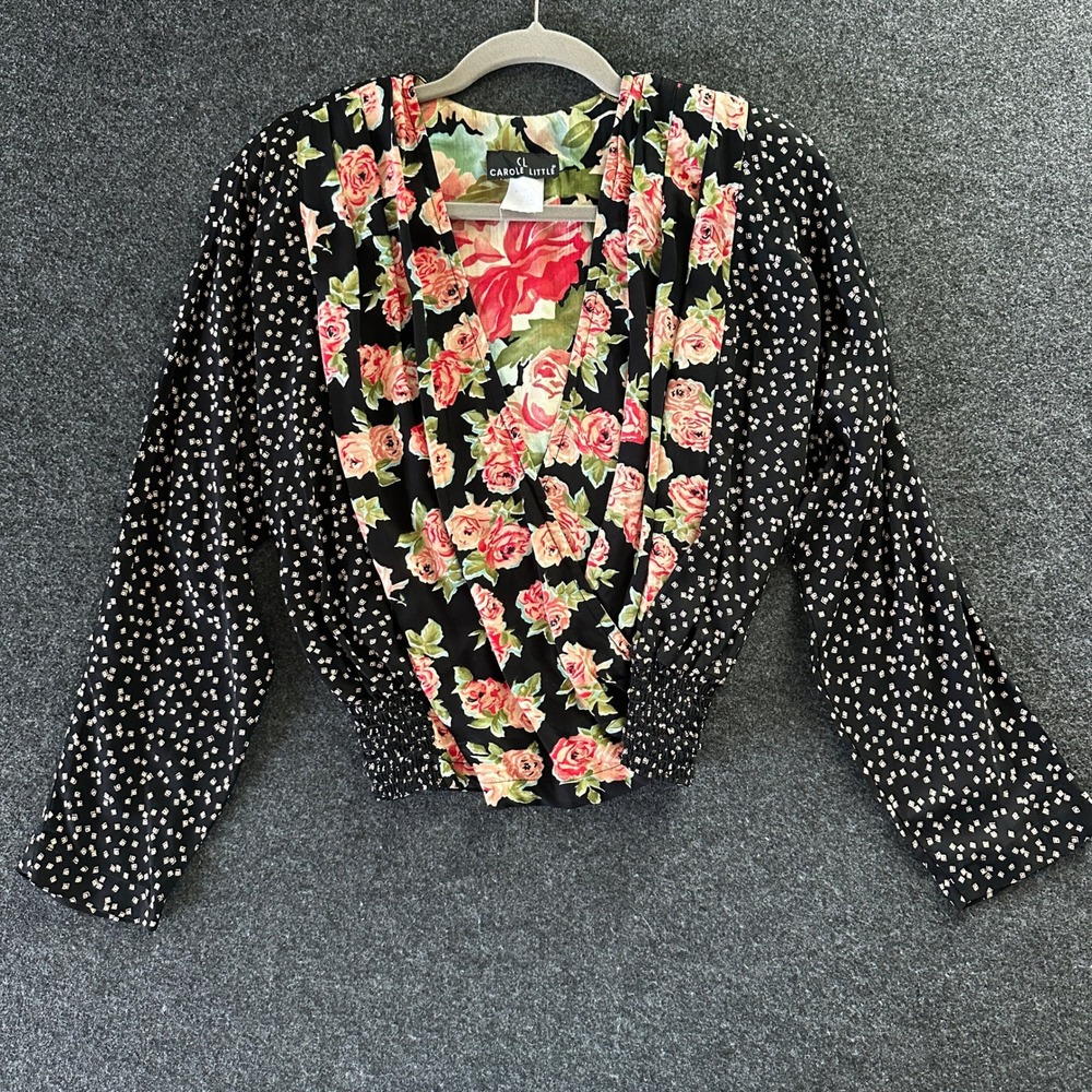 Vintage Carole Little Mixed Floral Diamond Print Smocked Wrap Blouse Size 14